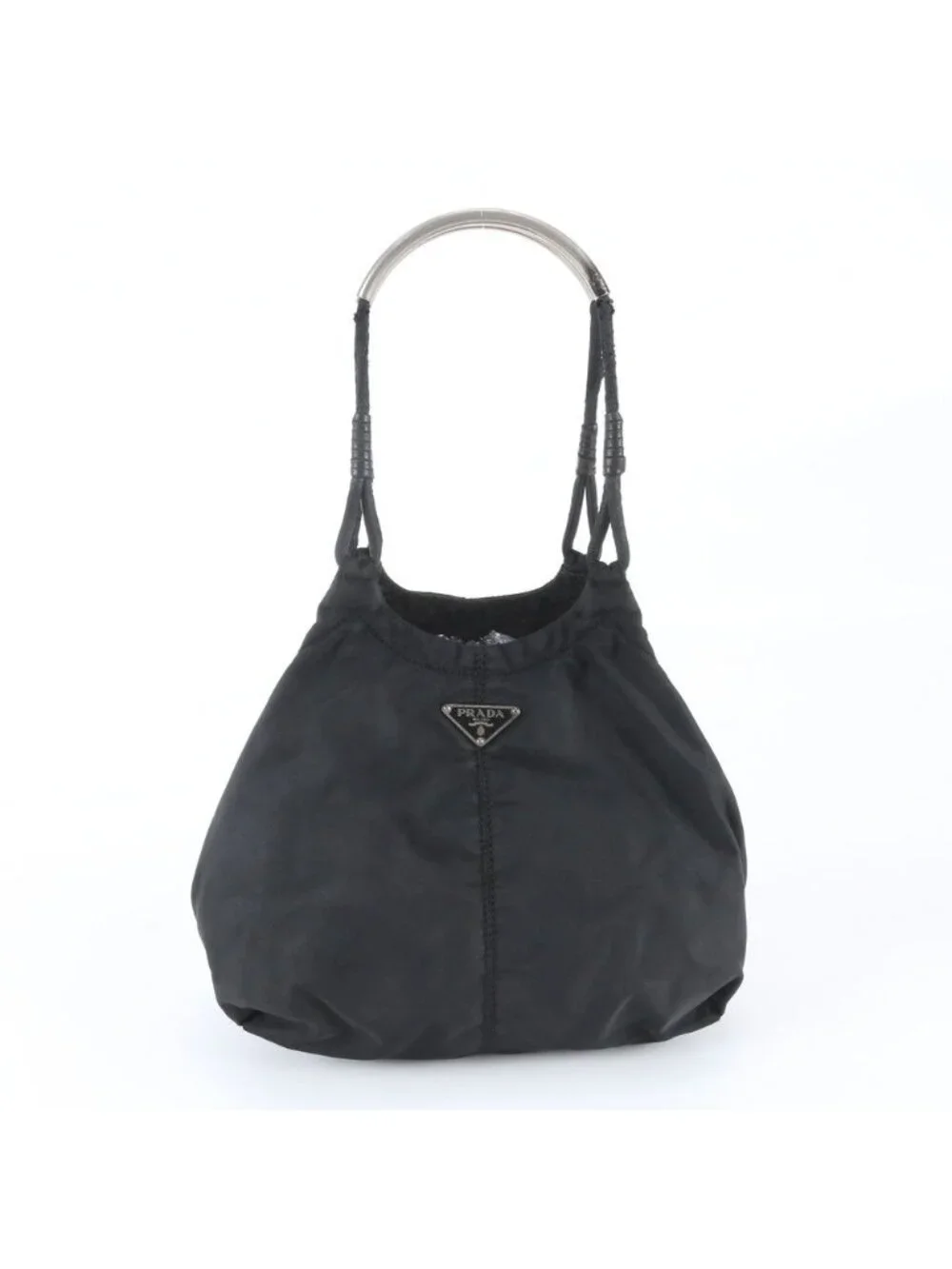 Prada Tessuto Nylon Triangle Logo Leather Tote Shoulder Hand Black